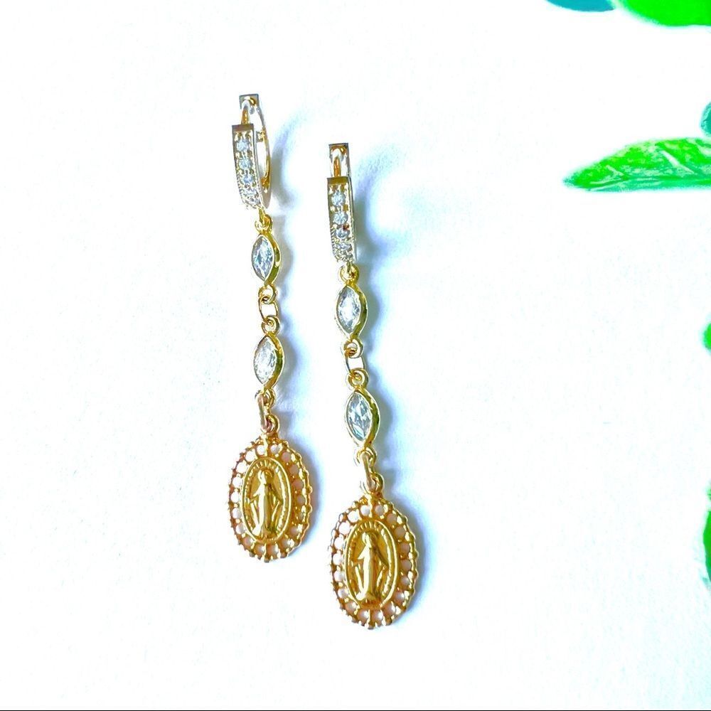 Vintage inspired gold religious metal earrings for women 14k huggie hoops